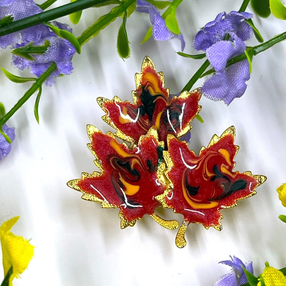 Maple Leaf Cluster Vintage Brooch with Red Enamel Accents